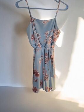 Sienna Sky Light Blue Mini Dress with Blush Floral Print